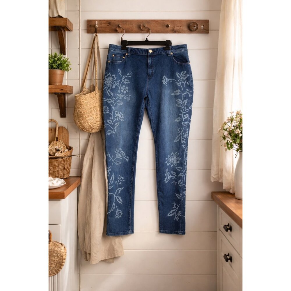 Michael Kors Womens Laser Floral Print Blue Jeans Size 12 Straight Leg EUC
